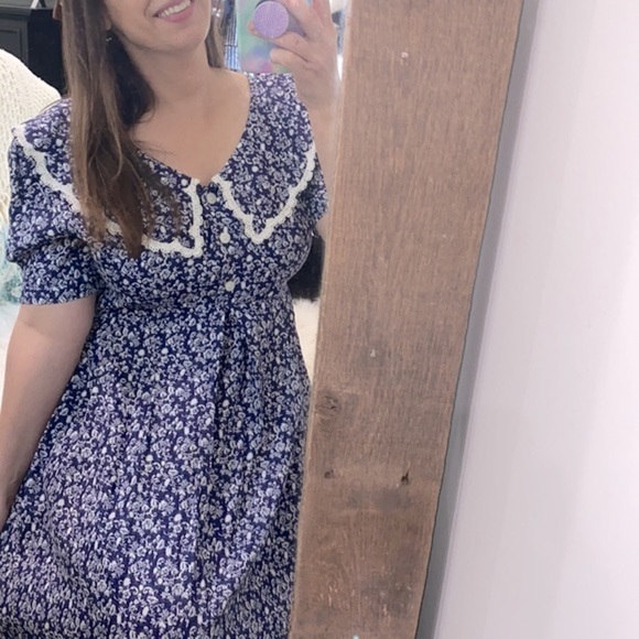 Vintage blue and white maxi dress with Peter Pan collar size 12 - Picture 6 of 11